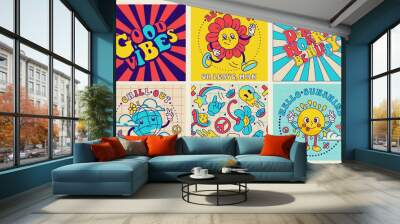 Groovy square seamless pattern, funky poster, 70's stickers . Retro print with hippie motivational slogan. Character concepts of crazy sun, dripping emoticon, fun peace symbol, groovy mushroom. Wall mural