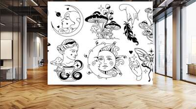 Set of monochrome magic and celestial symbols. Mystical silhouette signs, prints, stickers. Vector graphic illustration of crescent moon, witchcraft sings, sun. Astrology esoteric aesthetics. Wall mural