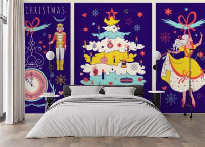 Vintage Christmas posters with fir tree decorations and Merry Christmas greeting. Cozy graphic Noel toys hanging on strings. Retro Xmas time print, vector postcard.Traditional New year accessories. Wall mural