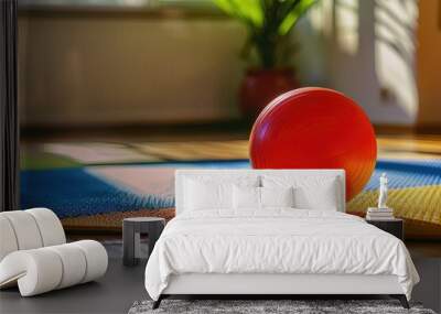 A bright red ball sits atop a colorful yoga mat, ready for play or exercise Wall mural