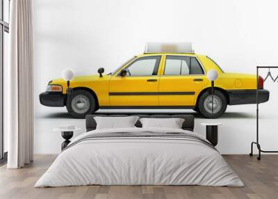 A bright yellow taxi cab with a surfboard on top, suitable for transportation and beach-themed scenes Wall mural