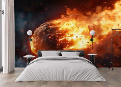 A close-up shot of a burning object on a dark, black background Wall mural