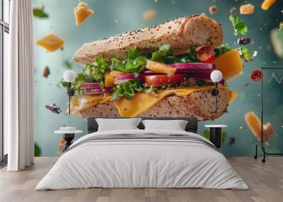 A close-up shot of a sandwich filled with melted cheese, crisp lettuce, juicy tomato, and savory onions Wall mural