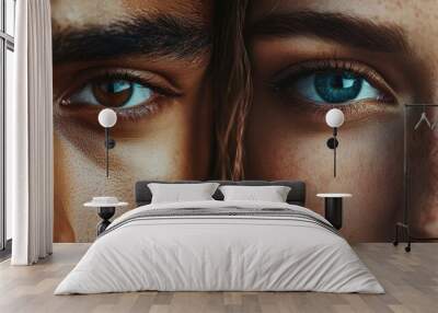 A detailed view of two individuals with striking blue eye colors Wall mural