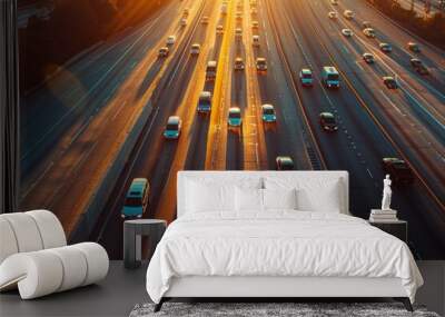 A highway filled with many vehicles moving along the road Wall mural