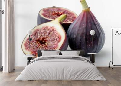 A pair of fresh figs cut into halves on a white background Wall mural