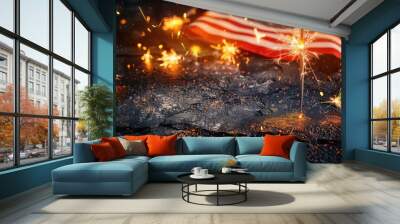 A patriotic scene featuring an American flag with sparklers lit up in the background, perfect for Independence Day or 4th of July celebrations Wall mural