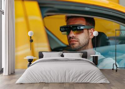 A person driving a vehicle while wearing Google Glass technology, suitable for use in articles about innovation or modern transportation Wall mural