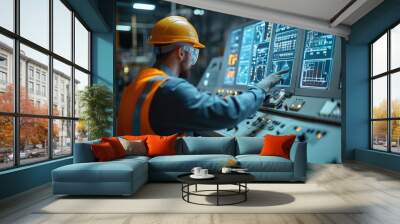 A person wearing a hard hat and safety vest works on a control panel Wall mural