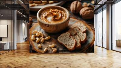 A simple snack setup with peanut butter and bread Wall mural