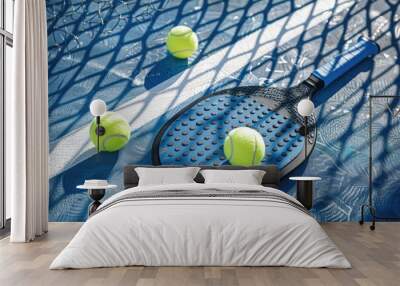 A tennis racket and three tennis balls sitting on a tennis court Wall mural