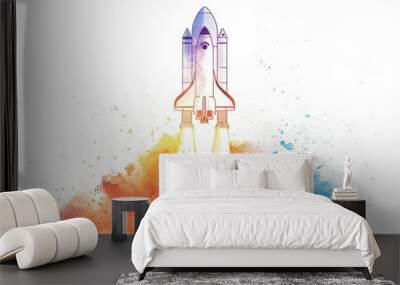 A watercolor illustration of a space shuttle blasting off into the sky Wall mural