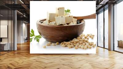 A wooden bowl filled with tofu and chickpeas for a healthy snack or meal prep Wall mural