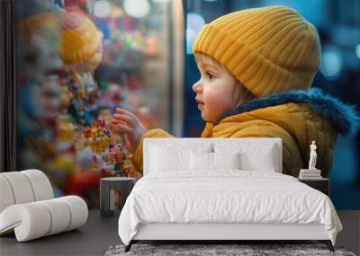 A young child wearing a yellow jacket examines their toy collection Wall mural