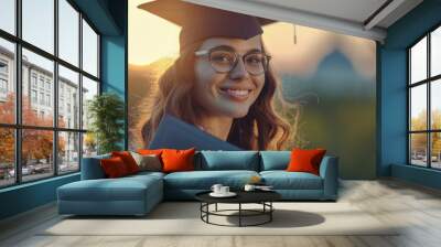 A young woman celebrating her academic achievement holds a book, symbolizing knowledge and success Wall mural