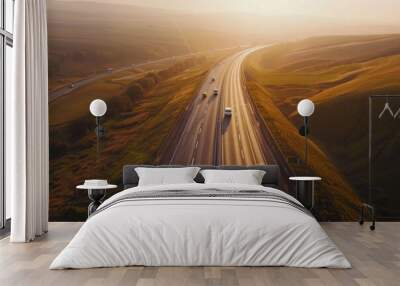 Cars drive along the highway during sunset Wall mural