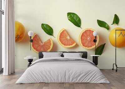 Fresh grapefruit halves arranged on a surface with leaves Wall mural