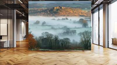 Misty landscape with medieval castle in background, perfect for fantasy or historical scenes Wall mural