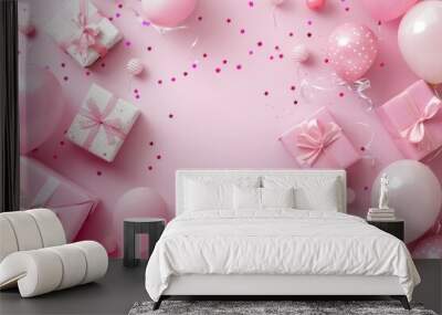 Pink background with balloons, presents, and confetti Wall mural