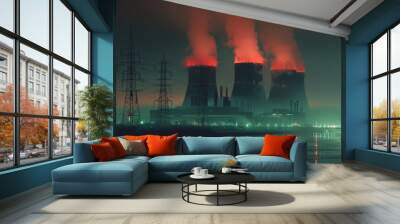 Power plant emitting smoke from its stacks in an industrial setting, suitable for use in scenes related to pollution, environment or industry Wall mural