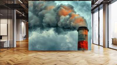 Smokestack emitting smoke into cloudy sky Wall mural