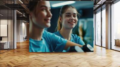 Two friendly women in blue shirts smile at the camera, a moment of joy and connection Wall mural