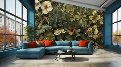 Wall with blooming flowers Wall mural