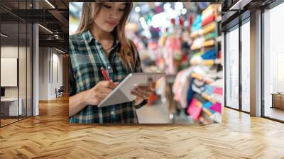 Woman browsing products on her tablet while shopping in-store, great for e-commerce or retail marketing ideas Wall mural