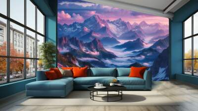 A breathtaking view of a mountain range at sunrise, with towering peaks, snow-capped summits, and mist hovering in the valleys. The sky is filled with soft pinks and purples, gradually transitioning t Wall mural