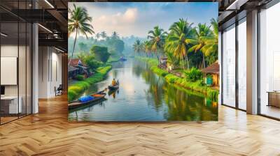 A peaceful Kerala village with green paddy fields, coconut trees, traditional tiled houses, and a narrow canal where villagers row boats. Mist-covered hills in the background. Wall mural