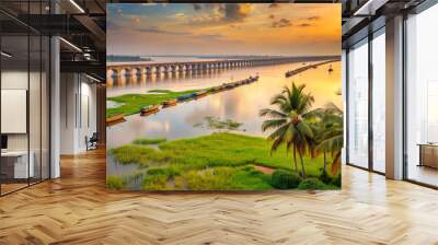 bridge with water and green lands Wall mural