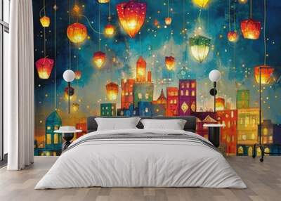 Happy Diwali. graphic of Diya lantern. Indian festival of lights. Wall mural