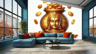 Innovative abstract, banner or poster for Dhanteras with Goddess Maa Lakshmi/ Pot full of golden coins for Indian Dhanteras and Diwali festival celebration.
 Wall mural