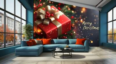 Merry Christmas with winter landscape with snowflakes Wall mural