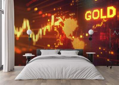 A 3D business growth finance stock economy exchange background of success financial banking buy sell golden graph earnings chart showing global gold investment wealth. Wall mural