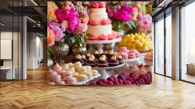 A beautiful dessert table with colorful pastries, elegant floral arrangements, and fresh fruit Wall mural