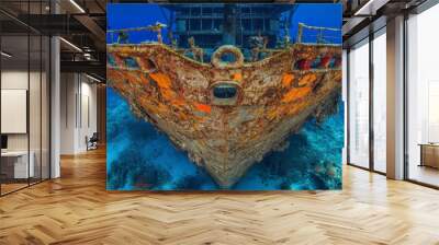 A big ship's propeller and rudder in motion underwater. Close up image detail of ship. Transportation industry. Freight transportation. Ship repair, underwater survey, and shipping business concept. Wall mural