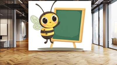 A cartoon character of a cute bee pointing to an empty blackboard. Back to school. Cartoon mascot. Wall mural