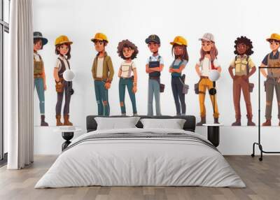 A collection of people of different professions grouped on a white background. There are male and female workers in uniforms. Modern illustration in the flat cartoon style. Wall mural