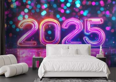 A colorful and vibrant 2025 with sparkling lights, symbolizing a festive and bright new year celebration. Wall mural