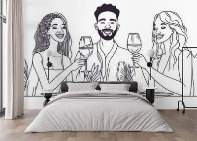 A continuous line drawing of a group of friends celebrating with glasses of wine or champagne. Man and woman in a party celebration. Wall mural