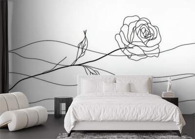 A continuous line drawing of a rose flower. One line art concept of a beautiful floral design for a love greeting. Modern illustration. Wall mural