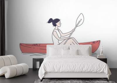 A continuous one-line drawing art of a woman rowing a canoe. An illustration of a female paddle kayaking in sport. Wall mural