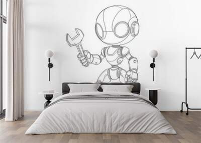 A continuous one line drawing toy robot for kids. Retro robot vintage toys. Metal computer man toy robot. Friendly mechanism toy robot for kids. Single line graphic illustration for kids. Wall mural