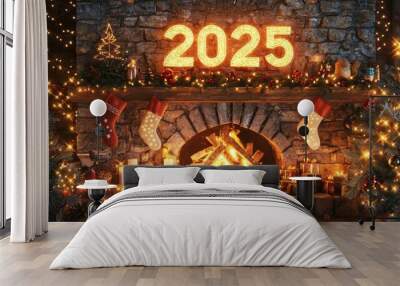 A cozy fireplace with Christmas stockings and festive decorations welcomes the New Year 2025 Wall mural