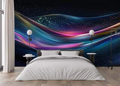 A grainy abstract banner with silver gray blue glowing liquid wave with black noisy background for wide header poster cover backdrops Wall mural