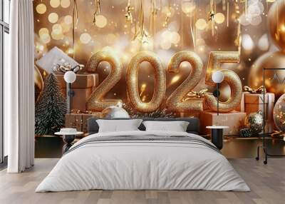 A happy new year celebration adorned with golden balloons, ornaments, and gifts creating a bright festive atmosphere. A luxurious feel is added with shimmering decorations. Wall mural