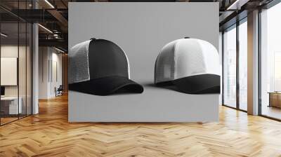 A mockup of a black and white trucker hat with zero gravitational pull Wall mural