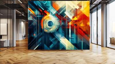 A modern, vibrant representation of modular programming with abstract gears and colorful geometric shapes. This design is great for illustrating concepts of software development and coding Wall mural