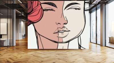 A modern abstract line minimalistic set of women faces with different shapes for wall décor, postcards, and brochures. A collection of women faces in a single line. Illustrations on a modern Wall mural